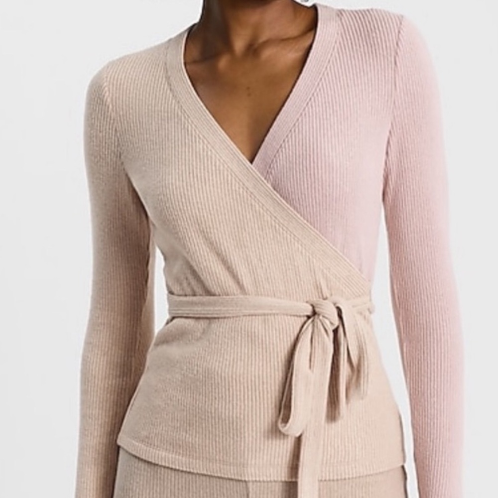 Express Cozy Ribbed Color Block Surplice Tie Waist Top
